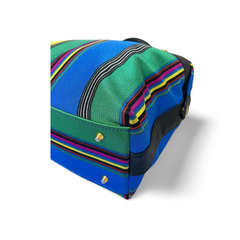 Vintage Gianni Versace duffle handbag in blue, yellow, green and other color fabric and black leather combination. 060810y1
