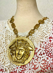 90s Vintage Gianni Versace Runway necklace with extra large Medusa face pendant top. Can be worn as a belt as well. Must have masterpiece. 061109y1
