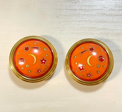 1990s Vintage HERMÈS Cloisonné Round Earrings | Orange Stars, Moon & Saturn Motif | Space-Themed Enamel | Classic Clip-On Jewelry. 071121y2