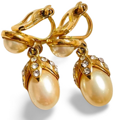 Vintage Yves Saint Laurent golden dangling earrings with crystals and teardrop white faux pearls.  Rare YSL jewelry. 060604ac1