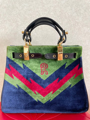Vintage Roberta di Camerino navy, green, and red thunder chevron velvet weaving doctor bag with buckle strap leather handles. 0406221