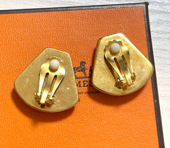 Vintage Hermes cloisonne golden earrings with tiger design in red. Fan shape. Classic jewelry. Great gift idea. 070428m1