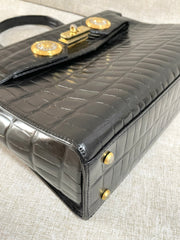 Vintage Gianni Versace black croc embossed leather handbag with Medallion Sunburst charms. Gorgeous masterpiece. 061104y1