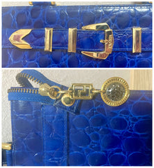 Vintage VERSACE croc embossed blue leather handbag with gold tone buckle motif. Avant Garde Lady gaga style. 070527ac3