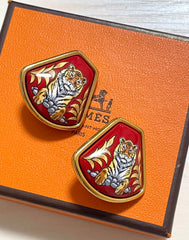 Vintage Hermes cloisonne golden earrings with tiger design in red. Fan shape. Classic jewelry. Great gift idea. 070428m1