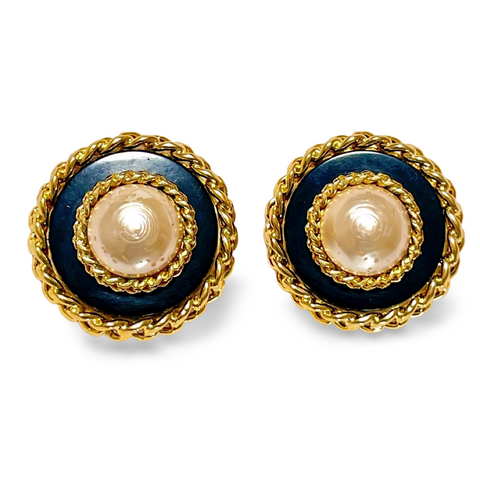 Vintage CHANEL large earrings with golden chain frames and black and faux pearl. Classic mademoiselle Chanel jewelry. 070218ys12