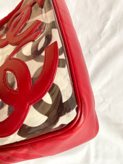 1990s Vintage CHANEL clear vinyl & red leather shoulder tote bag with CC appliqués, gold chain. 050919ac1