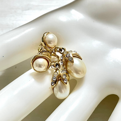 Vintage Yves Saint Laurent golden dangling earrings with crystals and teardrop white faux pearls.  Rare YSL jewelry. 060604ac1