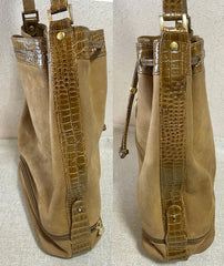 Vintage FENDI tan brown leather bucket hobo shoulder bag with croc embossed enamel leather trimmings and a golden logo charm. Unisex. 060711