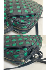 Vintage Bottega Veneta intrecciato navy and green woven lamb leather shoulder bag. 070203ys1