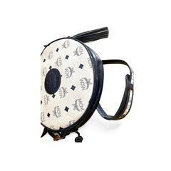 1990s Vintage MCM Suzy Wong Round Shoulder Bag — White & Navy Monogram — Designed by Michael Cromer. 071113tr