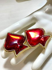 Vintage Yves Saint Laurent red gripoix stone spade earrings with golden frames. Gorgeous design YSL jewelry. 070128ac6