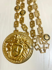 90s Vintage Gianni Versace Runway necklace with extra large Medusa face pendant top. Can be worn as a belt as well. Must have masterpiece. 070818y1