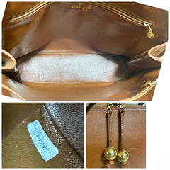 Vintage CHANEL caviar leather double zipper tote bag in brown with golden CC ball charms.  Daily use purse. 060728br1
