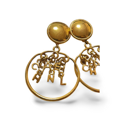 Vintage CHANEL golden round motif and logo letter dangling earrings. Rare and adorable jewelry for your collection. 060820ac2