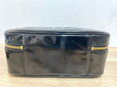 Vintage CHANEL Black Patent Enamel Vanity Bag — Lunchbox Shape Shoulder Bag with Large CC Stitch Motif — 080116re1