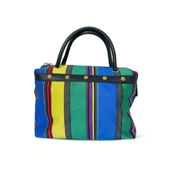 Vintage Gianni Versace duffle handbag in blue, yellow, green and other color fabric and black leather combination. 060810y1