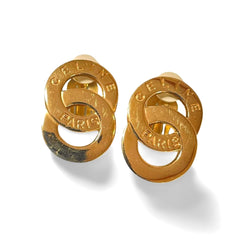 Vintage Celine Gold tone double round motif earrings with embossed logo. Great vintage jewelry gift idea. 060611ac