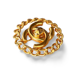 Vintage CHANEL golden chain frame turn lock CC pin brooch. Gorgeous jewelry. Coco mark brooch. 061015ac1