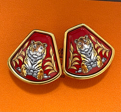 Vintage Hermes cloisonne golden earrings with tiger design in red. Fan shape. Classic jewelry. Great gift idea. 070428m1