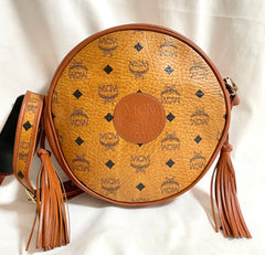 Vintage MCM brown monogram round Suzy Wong shoulder bag with brown leather trimmings. Designed by Michael Cromer. Unisex. 050524ra1