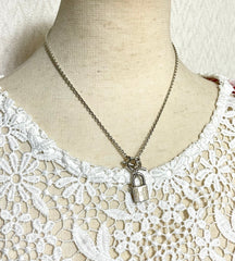 Vintage HERMES silver chain necklace with padlock key charm. Classic 925 silver jewelry piece from Hermes. 050601ya1