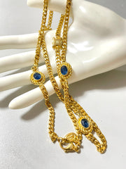 Vintage Celine gold chain long necklace with triomphe charms and blue stones. Can be bracelet. Beautiful statement jewelry. 050817ys1