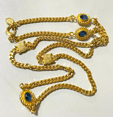Vintage Celine gold chain long necklace with triomphe charms and blue stones. Can be bracelet. Beautiful statement jewelry. 050817ys1