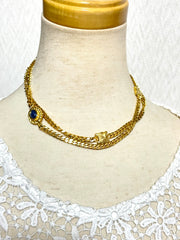 Vintage Celine gold chain long necklace with triomphe charms and blue stones. Can be bracelet. Beautiful statement jewelry. 050817ys1