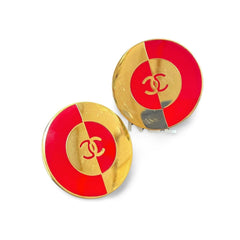 Vintage CHANEL red and gold round geometric design earrings with CC mark. Large earrings. 060116ac1