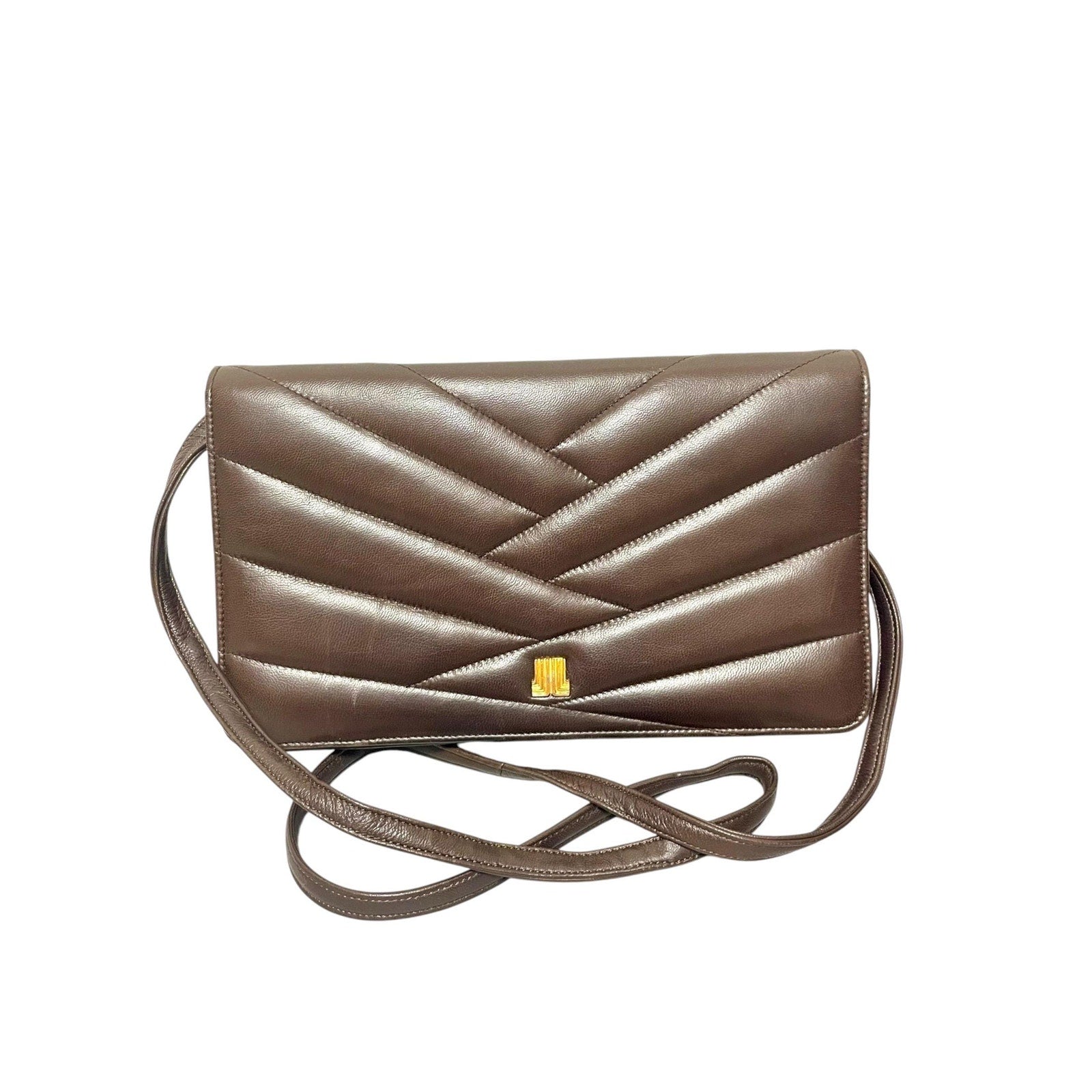 Vintage LANVIN dark brown lambskin clutch shoulder bag in chevron stitch design with iconic golden logo motif. Rare beautiful bag. 080922ac2