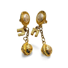 Vintage Celine golden round frame faux pearl dangle earrings with triomphe and golden ball charm. 060114ya2