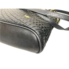 Vintage BALLY black quilted leather oval top shape shoulder bag with a fringe and golden B charm. Classic daily use design. 080819ys4