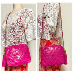 Vintage CHANEL Bright Pink / Fuchsia Lambskin Camera Style Chain Shoulder Bag with CC Stitched Flap and Tassel. Collectible Purse. 050919ac2