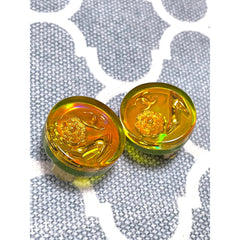 Vintage CHANEL yellow orange tone aurora resin earrings with Chanel iconic charms. Golden shoe, camellia, and CC mark in it. 041228an1