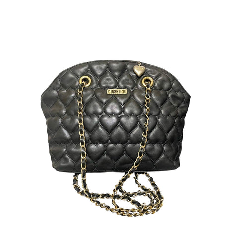 Vintage MOSCHINO Black Heart Quilted Lambskin Leather Shoulder Bag Gold Chain Purse 080830ys2