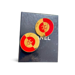 Vintage CHANEL red and gold round geometric design earrings with CC mark. Large earrings. 060116ac1