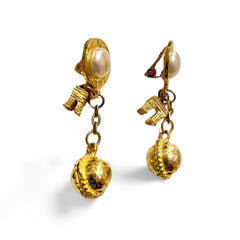 Vintage Celine golden round frame faux pearl dangle earrings with triomphe and golden ball charm. 060114ya2