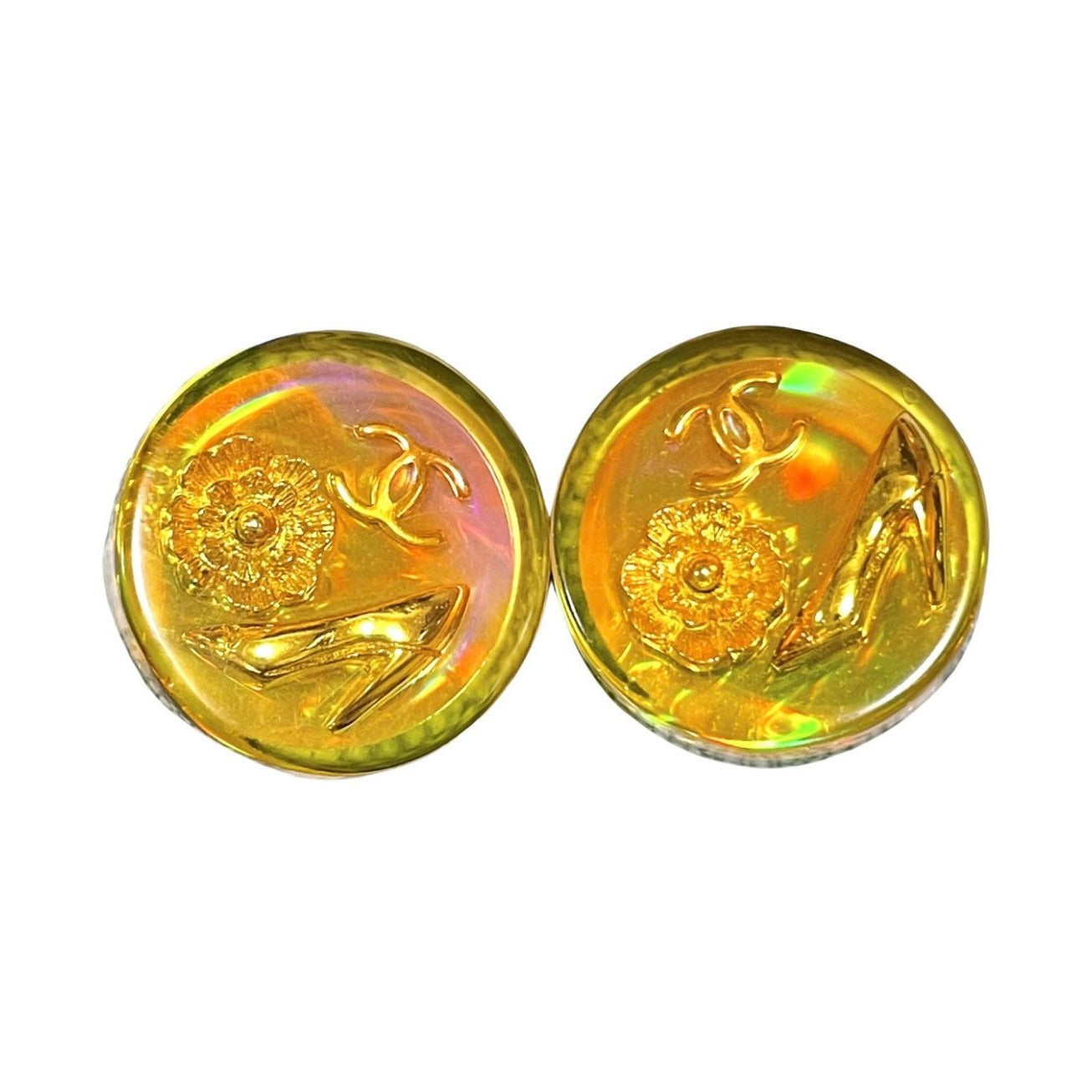 Vintage CHANEL yellow orange tone aurora resin earrings with Chanel iconic charms. Golden shoe, camellia, and CC mark in it. 041228an1