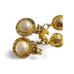 Vintage Celine golden round frame faux pearl dangle earrings with triomphe and golden ball charm. 060114ya2