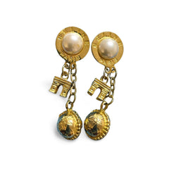 Vintage Celine golden round frame faux pearl dangle earrings with triomphe and golden ball charm. 060114ya2