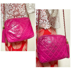 Vintage CHANEL Bright Pink / Fuchsia Lambskin Camera Style Chain Shoulder Bag with CC Stitched Flap and Tassel. Collectible Purse. 050919ac2