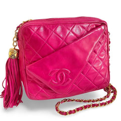 Vintage CHANEL Bright Pink / Fuchsia Lambskin Camera Style Chain Shoulder Bag with CC Stitched Flap and Tassel. Collectible Purse. 050919ac2