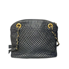 Vintage BALLY black quilted leather oval top shape shoulder bag with a fringe and golden B charm. Classic daily use design. 080819ys4