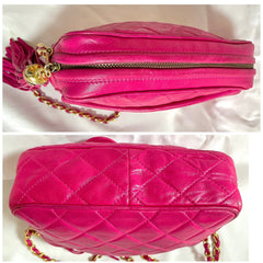 Vintage CHANEL Bright Pink / Fuchsia Lambskin Camera Style Chain Shoulder Bag with CC Stitched Flap and Tassel. Collectible Purse. 050919ac2