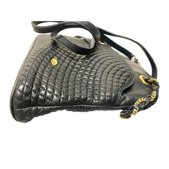 Vintage BALLY black quilted leather oval top shape shoulder bag with a fringe and golden B charm. Classic daily use design. 080819ys4