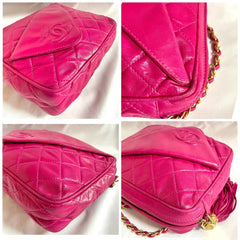 Vintage CHANEL Bright Pink / Fuchsia Lambskin Camera Style Chain Shoulder Bag with CC Stitched Flap and Tassel. Collectible Purse. 050919ac2
