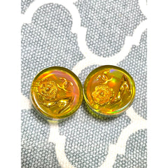 Vintage CHANEL yellow orange tone aurora resin earrings with Chanel iconic charms. Golden shoe, camellia, and CC mark in it. 041228an1
