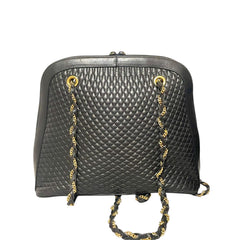 Vintage BALLY Black Quilted Lambskin Leather Shoulder Tote Bag Gold Logo Charms Chain Straps 080819ys3