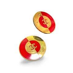 Vintage CHANEL red and gold round geometric design earrings with CC mark. Large earrings. 060116ac1